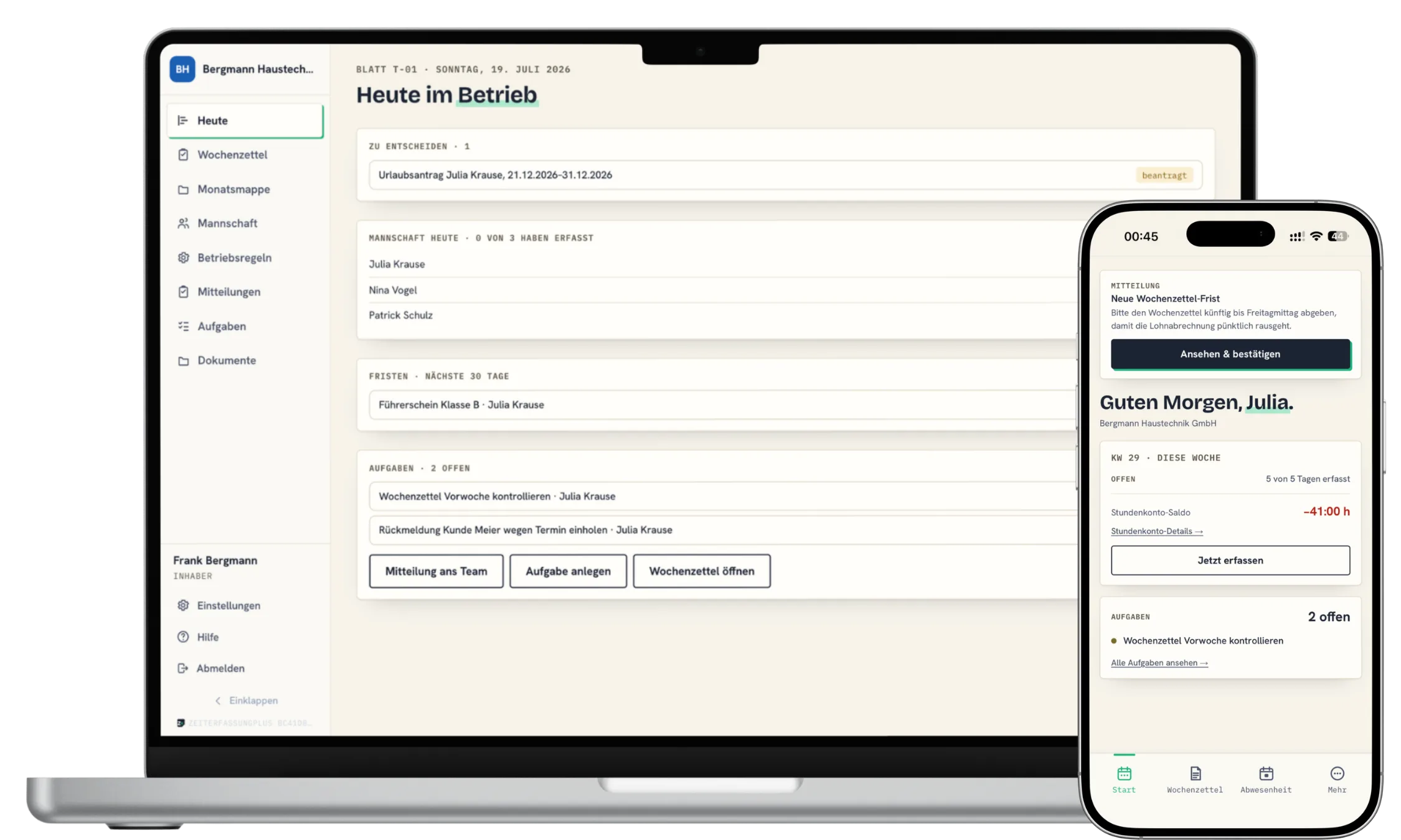 Zeiterfassungplus auf Desktop und Handy: Heute-Blatt des Chefs und Mitarbeiter-App