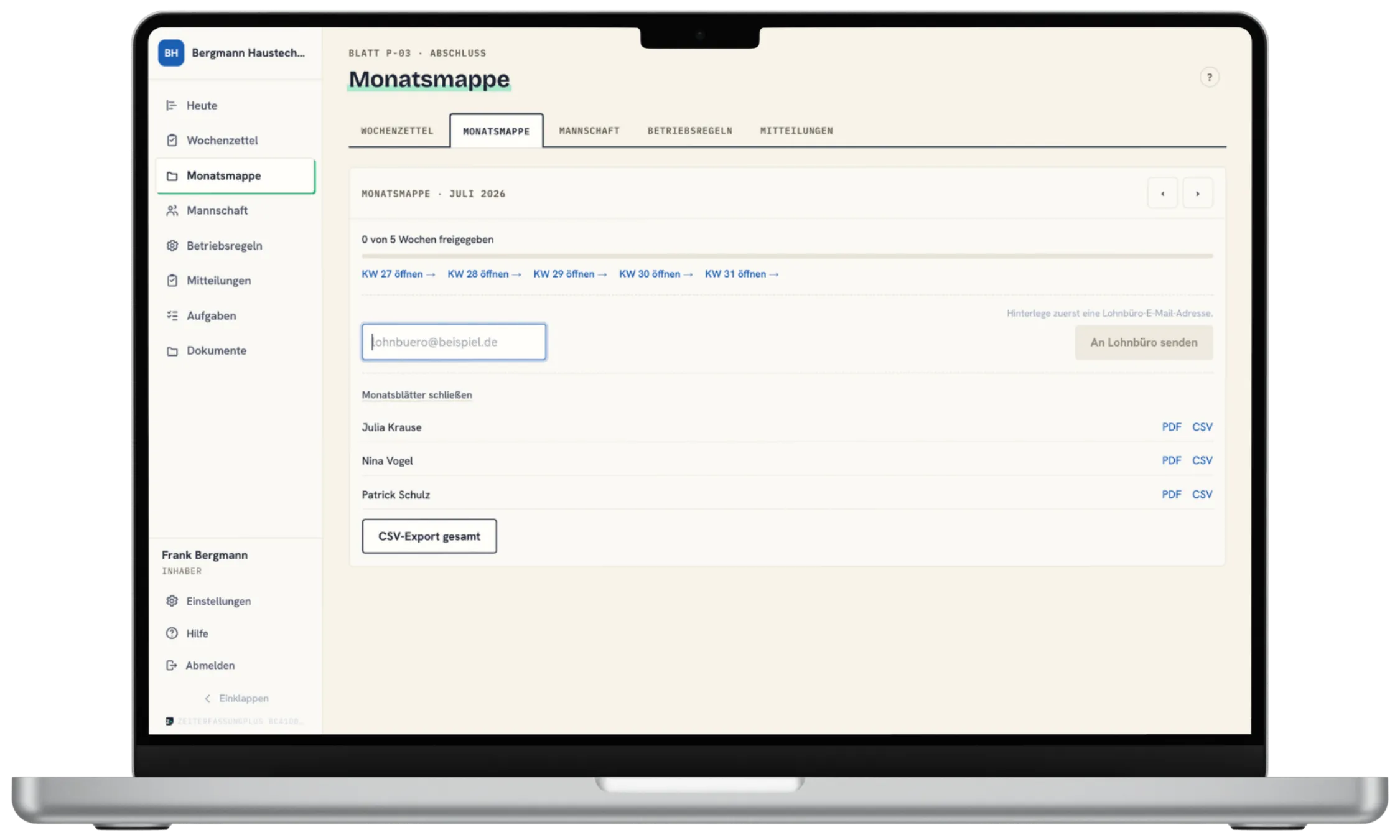 Monatsmappe mit Stundenkonto — Desktop