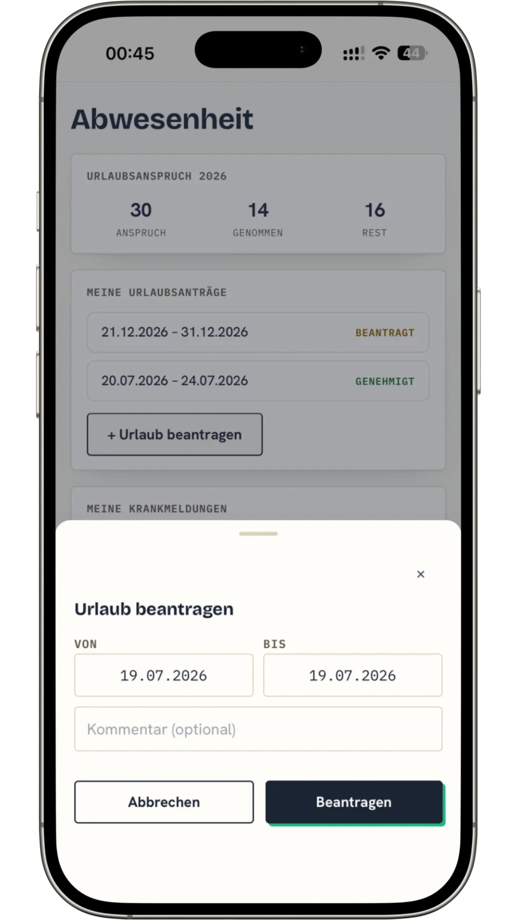 Urlaubsantrag stellen — Phone