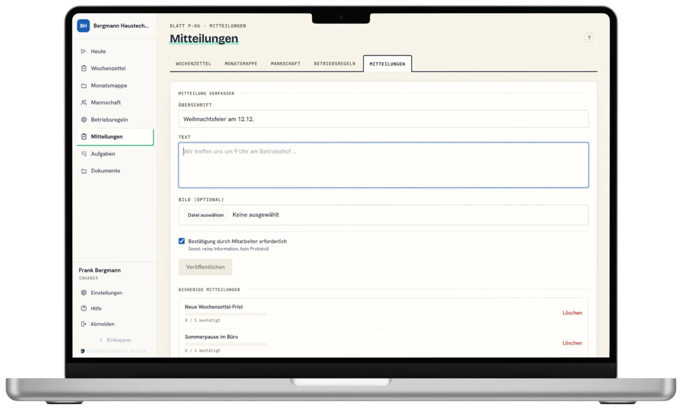 Mitteilung verfassen — Desktop