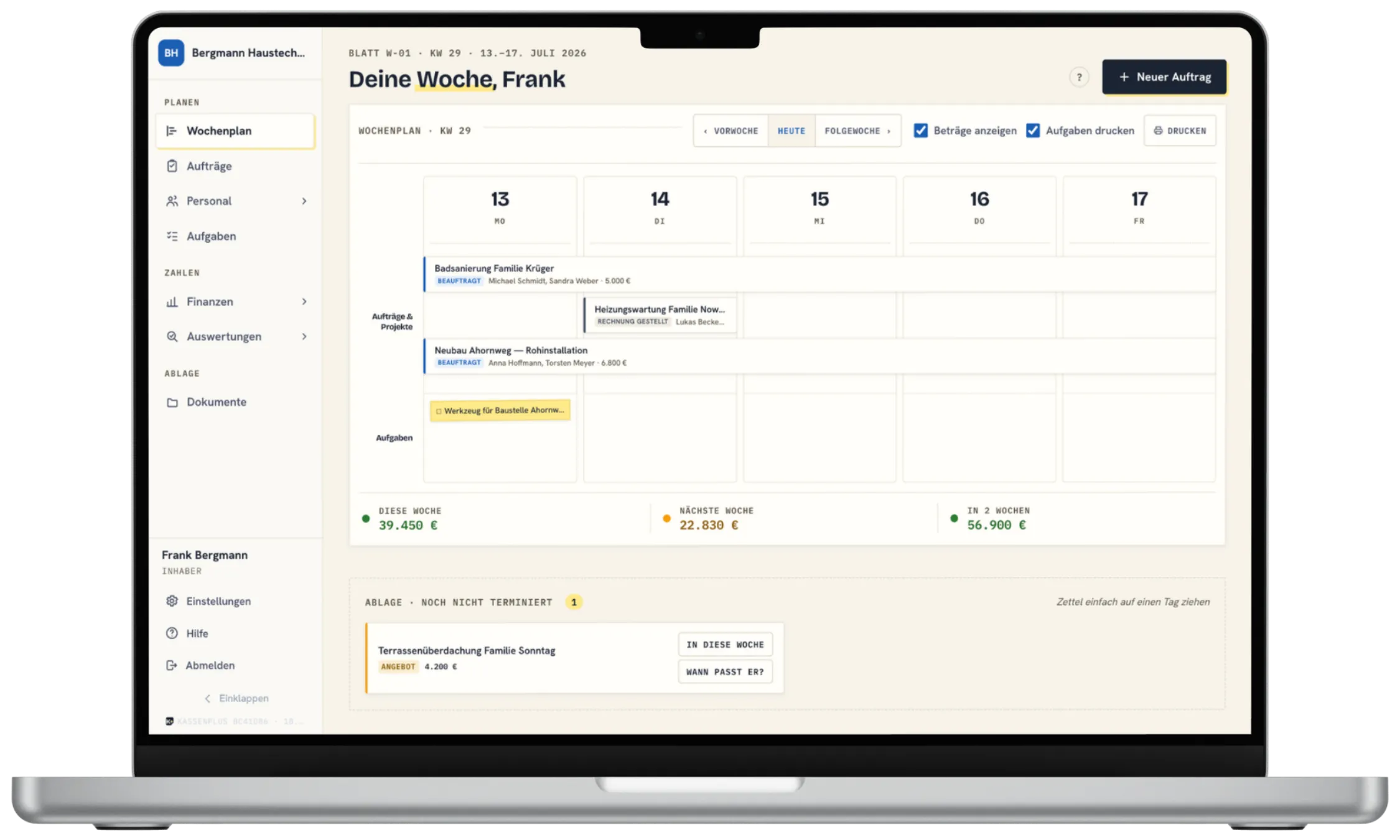 So sieht der Wochenplan in Kassenplus aus — Desktop