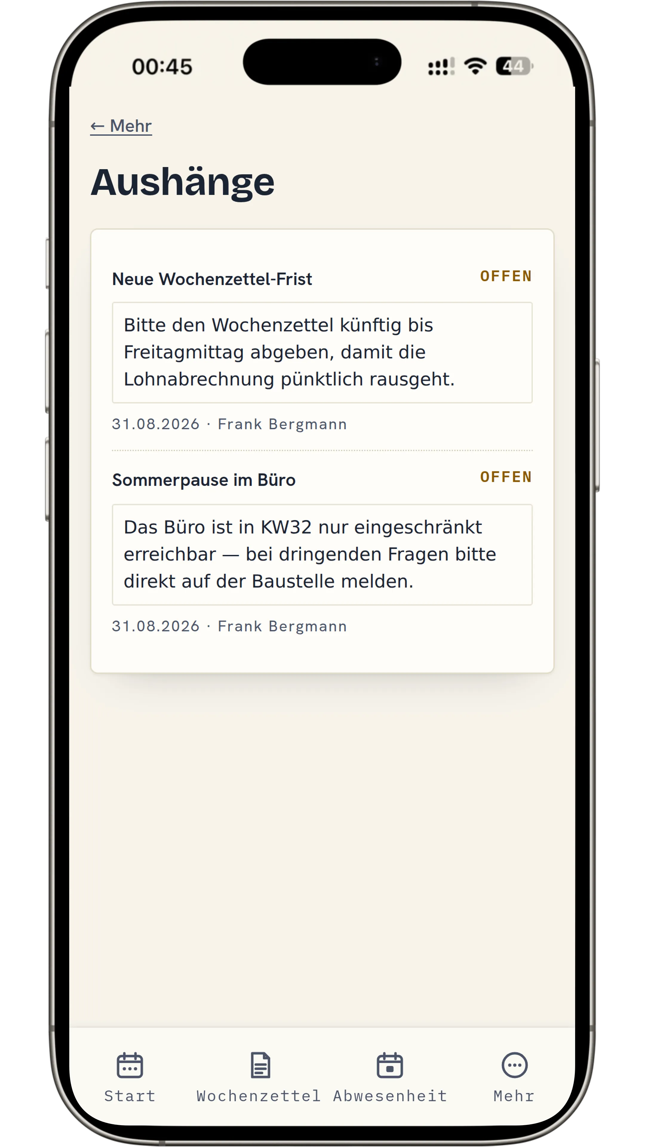 Aufgaben, Mitteilungen und Anträge in der Mitarbeiter-App — Phone
